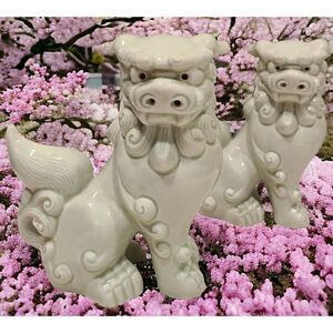 Foo Dogs 6" Green Wash Porcelain Shishi Figurines Vintage Set of 2 Komainu EUC